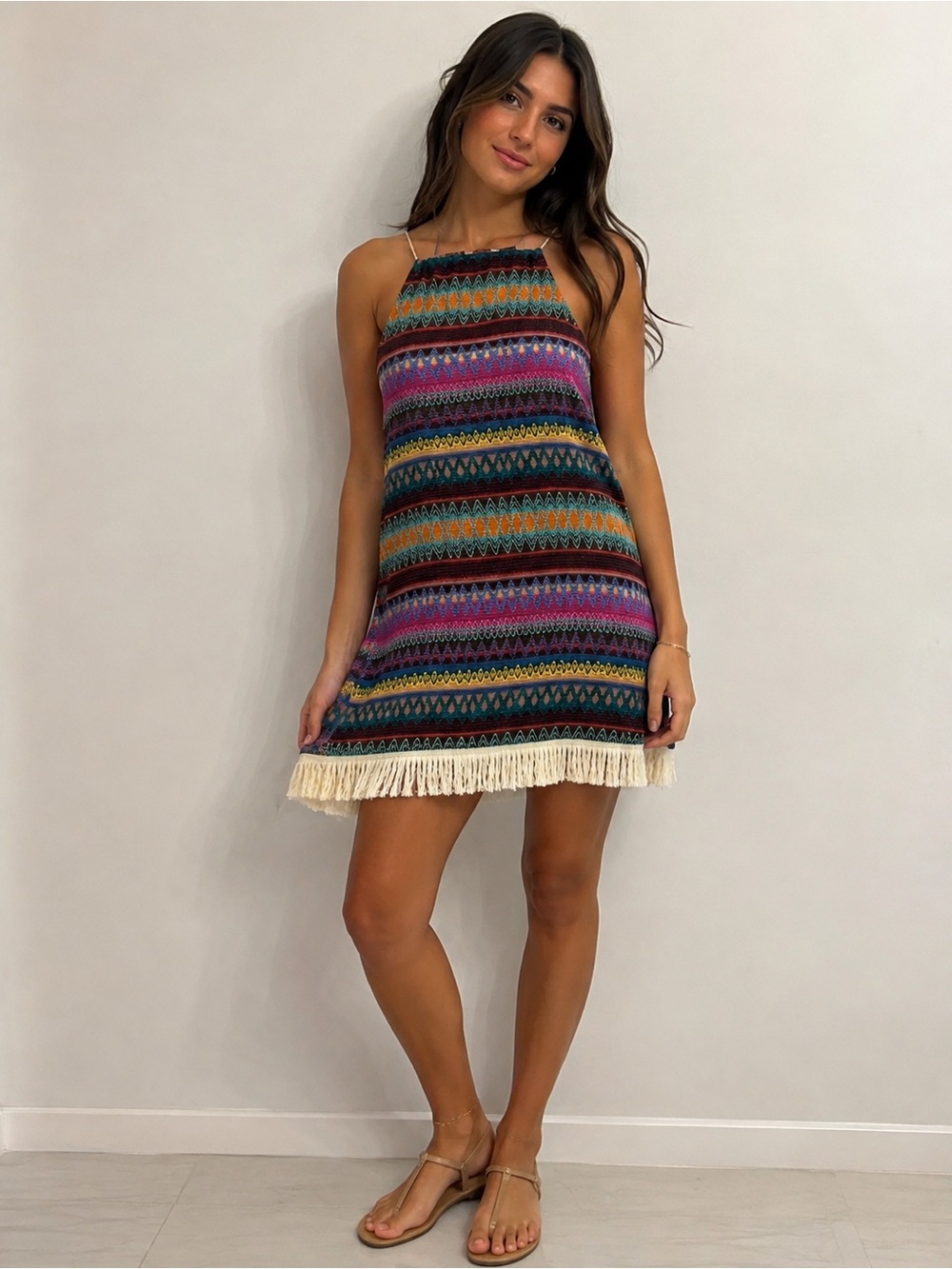 Multicolor Striped Fringe Hem Shift Dress